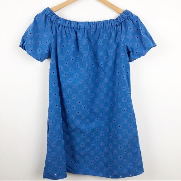 Zara Floral Openwork Textured Blue Off Shoulder Mini Sun Dress Balloon Sleeve - Picture 11 of 15
